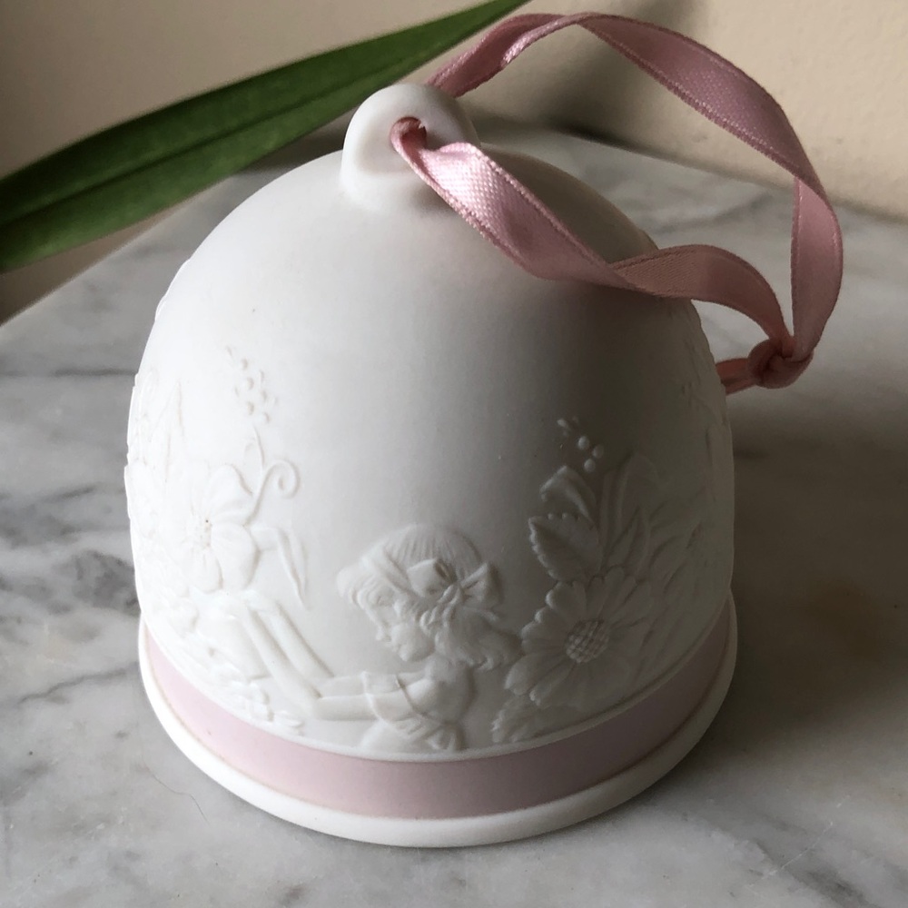 1991 Porcelain White and Pink Decorative Bell Ornament Spring Girl in the Garden